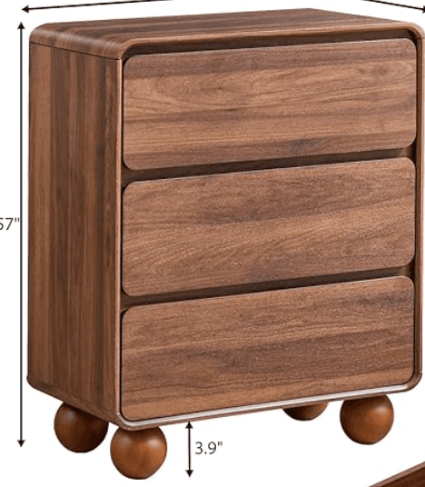 A modern three-drawer nightstand or small chest featuring rounded corners on the top and sides, giving it a soft, contemporary silhouette. It is constructed from wood or wood veneer with a prominent dark brown grain. The three drawers have a clean, handleless design, suggesting a push-to-open mechanism or integrated finger pulls. The unit is supported by four spherical wooden feet. — 3D model