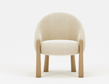 A modern armchair with a rounded, upholstered back and seat, supported by four wooden legs. The legs have a cylindrical shape and taper slightly towards the bottom. The upholstery appears to be a soft, textured fabric. — 3D model