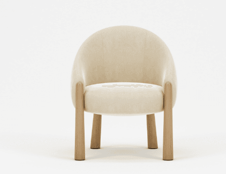 A modern armchair with a rounded, upholstered back and seat, supported by four wooden legs. The legs have a cylindrical shape and taper slightly towards the bottom. The upholstery appears to be a soft, textured fabric. — 3D model