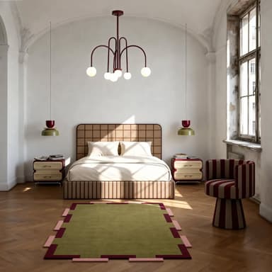 A modern upholstered bed frame with a distinctively patterned headboard and base. The headboard features a grid of square-shaped upholstery in a light tan color with darker brown piping outlining each square. The bed frame itself has a vertical striped pattern in alternating shades of brown and tan. It is dressed with cream-colored bedding, including two pillows and a duvet. Two matching bedside tables with red drawers and light-colored drawer fronts are positioned on either side of the bed. The overall aesthetic suggests a contemporary or retro-inspired design. — 3D model
