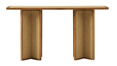 A console table with a rectangular top and two substantial, vertical supports. The top appears to have a lighter colored inlay or veneer on its surface and a wooden frame. The vertical supports are constructed with wooden frames and feature woven fabric panels, likely of a natural fiber like linen or jute, on their inner and outer faces. The supports are angled at the bottom, creating a visually interesting base. — 3D model
