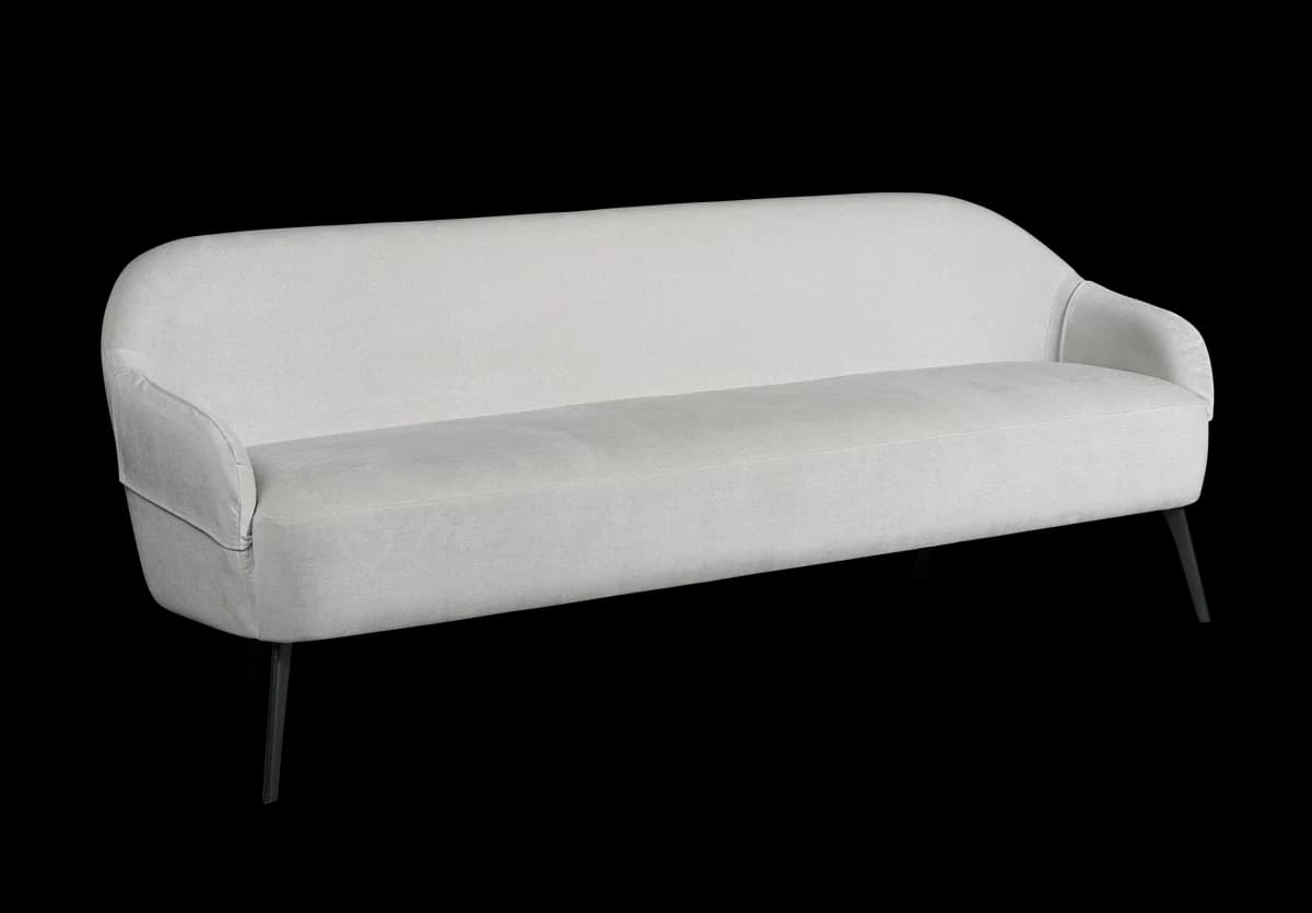 A two-seater sofa with a gently curved back and integrated armrests. The sofa is upholstered in a light-colored fabric and supported by four slender, dark-colored legs. — 3D model