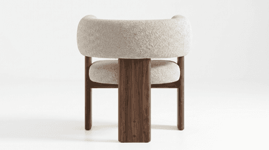 A modern upholstered armchair featuring a continuous, rounded backrest and armrests, supported by a dark wood frame with sturdy, rectangular legs. — 3D model