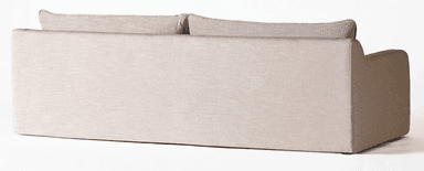 A sofa with a modern, minimalist design. It features a low profile, square arms, and two large back cushions. The upholstery appears to be a textured fabric with a neutral tone. — 3D model