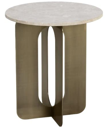 A round-top side table featuring a light-colored natural stone top and a unique sculptural metal base with arched cut-outs and a cross-shaped support. — 3D model