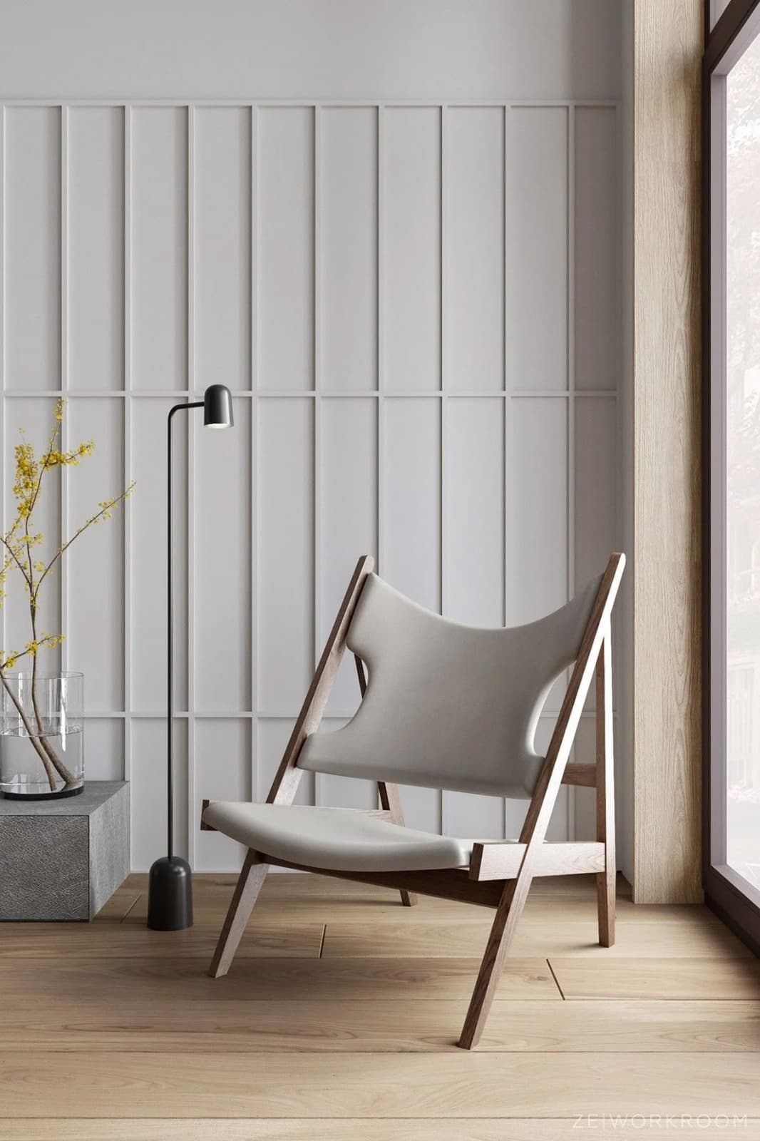 A low-slung lounge chair featuring a dark stained wooden A-frame structure and light grey synthetic leather sling seat and backrest, presenting a minimalist and contemporary aesthetic. — 3D model