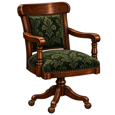 A traditional style swivel desk chair featuring a dark stained carved wood frame and dark green patterned fabric upholstery. The chair includes rolled arms with turned supports, a padded back and seat, and is accented with brass nailhead trim. It rests on a five-star base equipped with hooded brass casters, allowing for mobility and swivel functionality. — 3D model