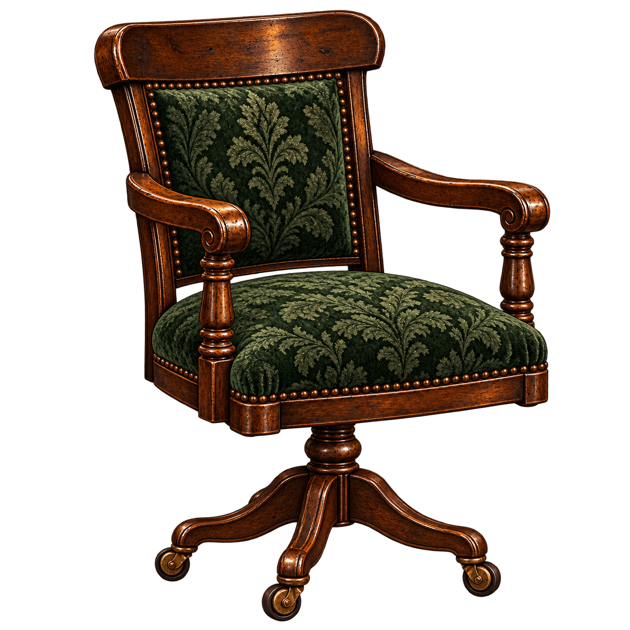 A traditional style swivel desk chair featuring a dark stained carved wood frame and dark green patterned fabric upholstery. The chair includes rolled arms with turned supports, a padded back and seat, and is accented with brass nailhead trim. It rests on a five-star base equipped with hooded brass casters, allowing for mobility and swivel functionality. — 3D model
