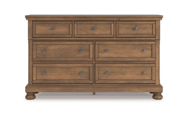 A wide dresser with seven drawers, arranged in a configuration of three drawers across the top row and two drawers in each of the two lower rows. The dresser features a wood grain finish and is supported by turned legs. Each drawer is equipped with a small, circular metallic knob. — 3D model