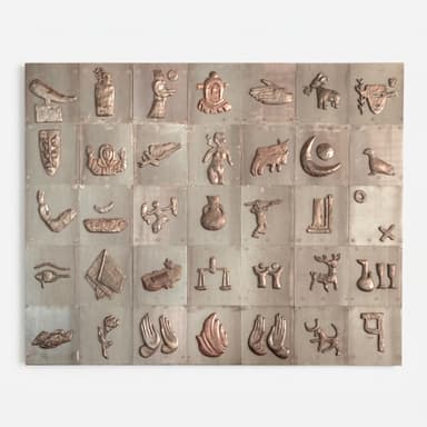 A large, rectangular wall-mounted art piece composed of multiple square panels, each featuring a distinct bas-relief sculpture. The reliefs depict a variety of abstract symbols, human figures, animals, and classical iconography. The material appears to be patinated bronze or a similar copper alloy, giving it a rich, textured, and aged appearance. — 3D model