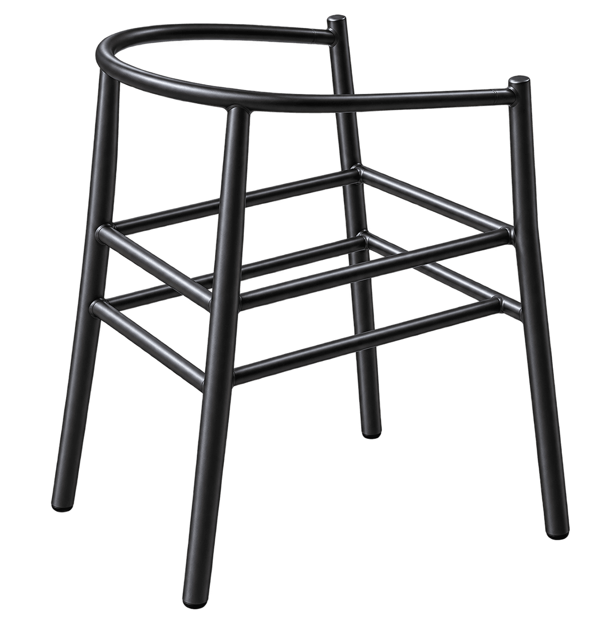 A matte black tubular metal frame for a bar stool, featuring four legs, two circular footrests, and an integrated curved backrest. — 3D model