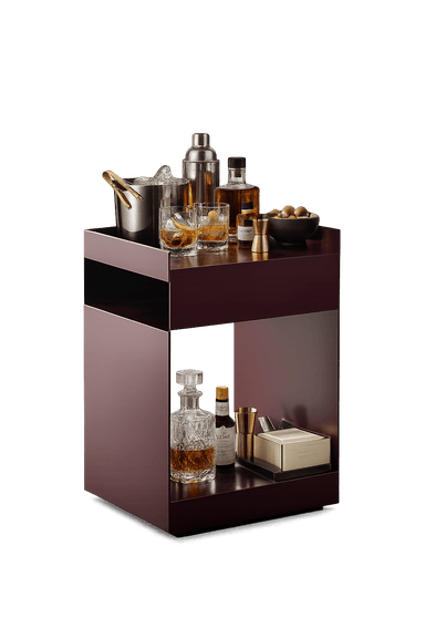 A contemporary side table crafted from metallic material, featuring a dark reddish-purple hue and a minimalist, geometric form. It consists of a top surface with a raised lip on three sides, a central open compartment, and a solid base. A small dark bowl rests on the top surface. — 3D model