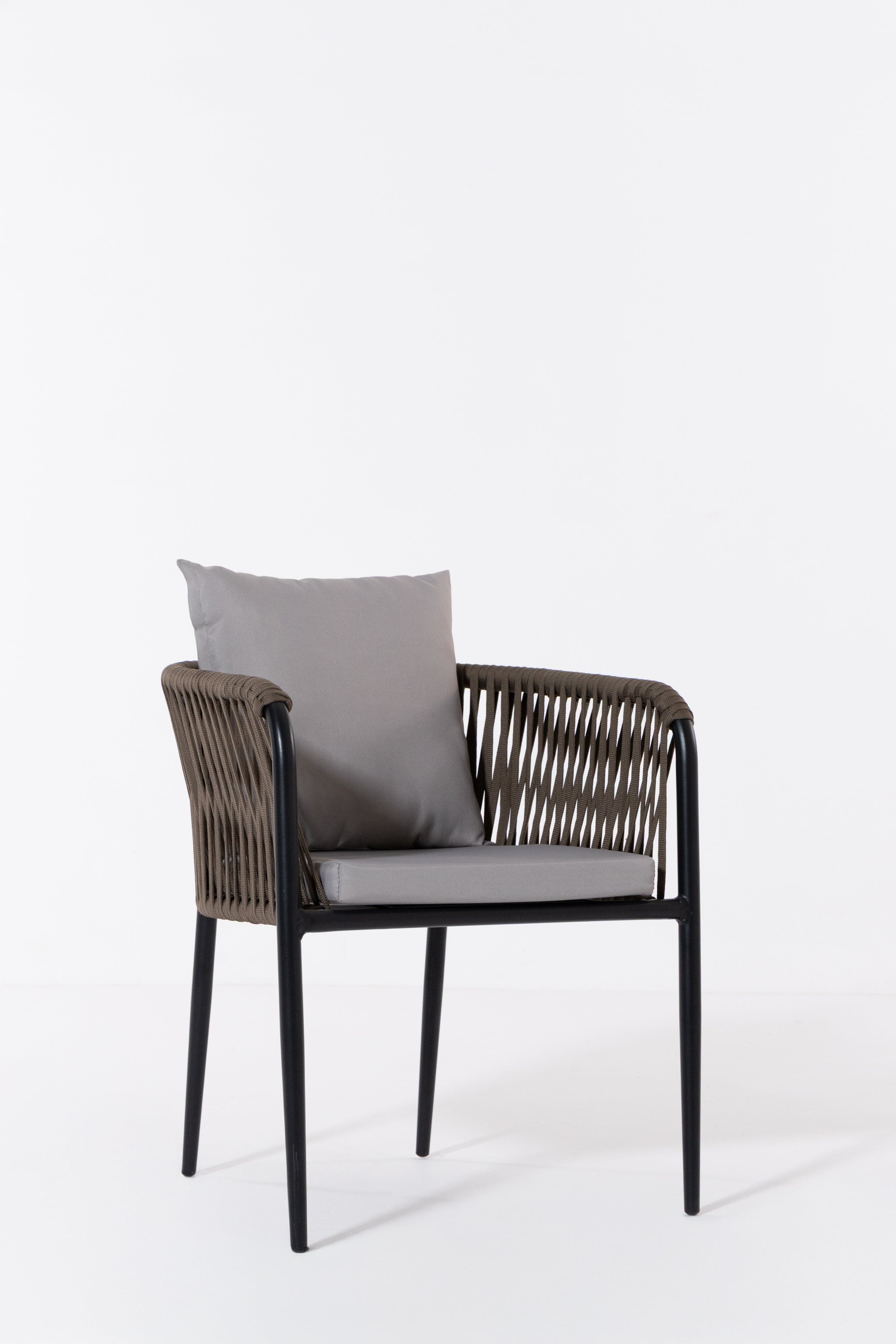An outdoor armchair featuring a black tubular metal frame, dark brown/taupe woven rope detailing on the back and armrests, and two light grey fabric cushions for the seat and back. The chair has a modern and robust design suitable for exterior environments. — 3D model
