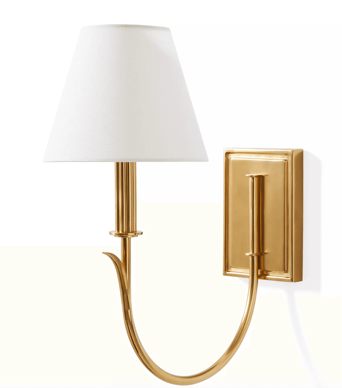A polished brass wall sconce featuring a white fabric lampshade with a tapered drum shape. The sconce arm is curved and attaches to a rectangular backplate with a raised frame. — 3D model