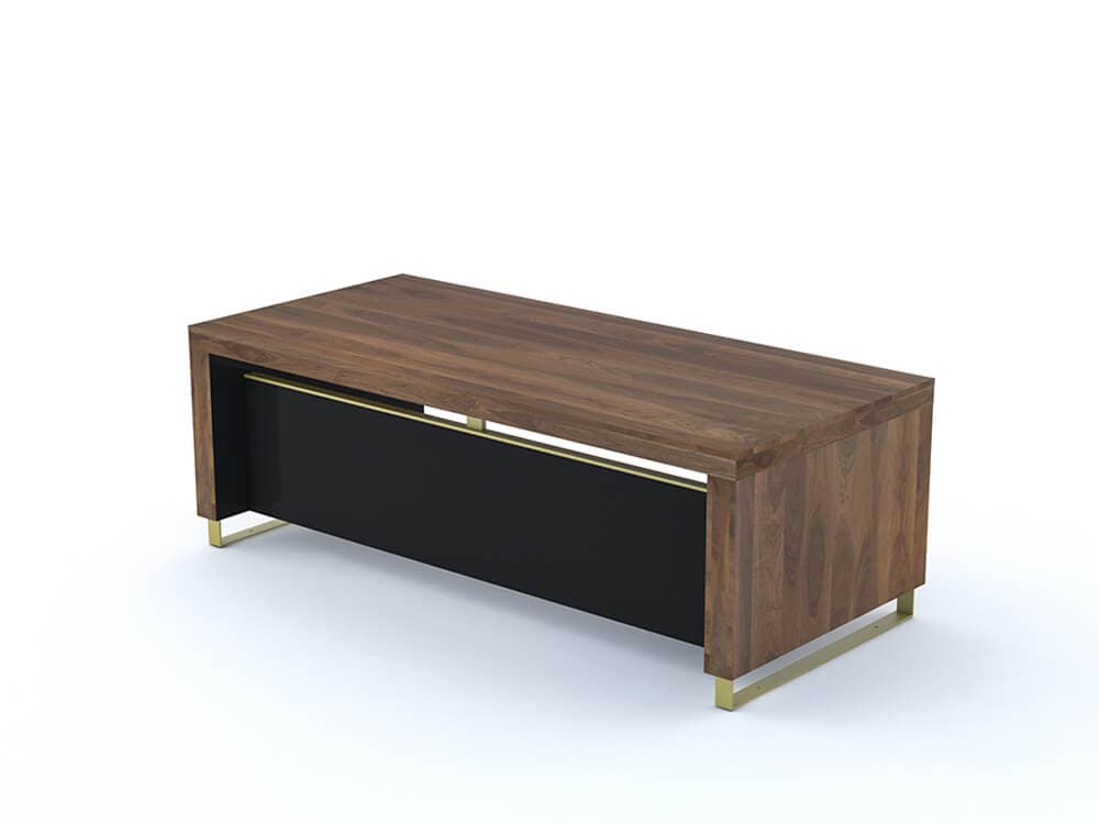 A modern executive desk featuring a dark walnut finish tabletop and side panels, a black modesty panel, and slender brass-finished sled legs. — 3D model
