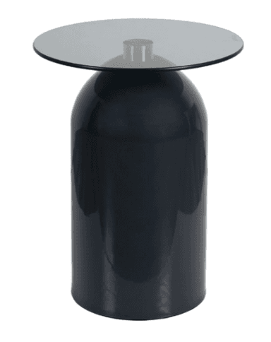 A modern side table featuring a dark gray, high-gloss cylindrical base with a bell-shaped profile, topped with a round, smoked gray glass surface. — 3D model