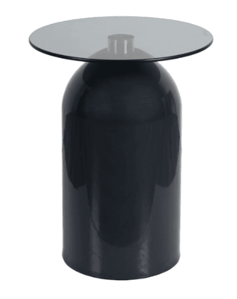 A modern side table featuring a dark gray, high-gloss cylindrical base with a bell-shaped profile, topped with a round, smoked gray glass surface. — 3D model