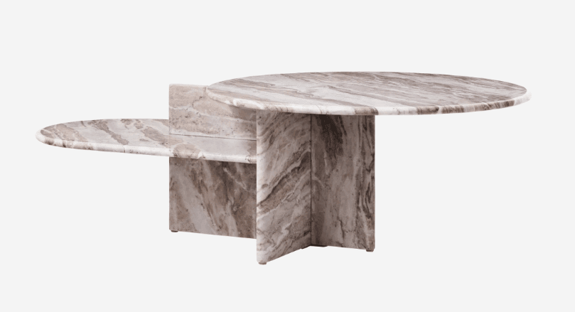 A contemporary coffee table with a unique asymmetrical design. It features two distinct table surfaces, one larger and circular, and a smaller, oval-shaped surface extending from the base. The structure is composed of angular supports that create visual interest. The material has a distinctive veining pattern. — 3D model