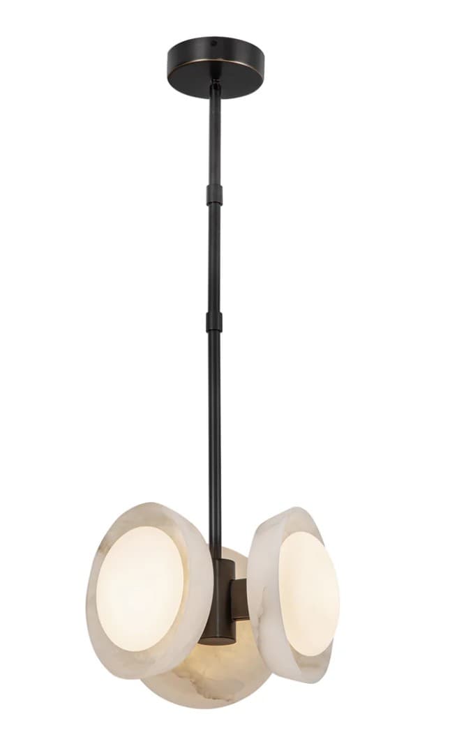 A contemporary multi-light pendant fixture featuring organically shaped alabaster diffusers and a dark bronze metal frame. The fixture hangs from an adjustable rod attached to a circular ceiling canopy. Each diffuser encases an internal light source, emitting a soft, warm glow through the translucent stone. — 3D model