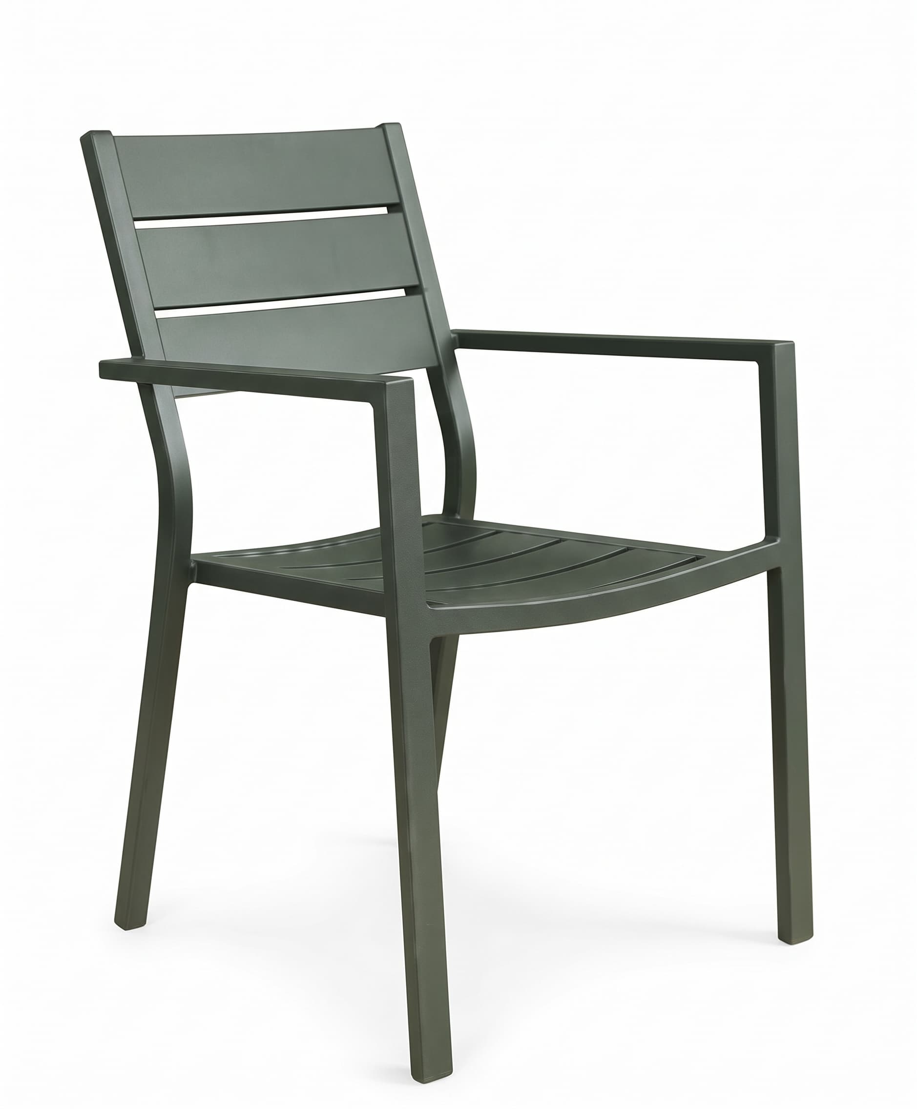 A single-seater armchair constructed from a matte, dark olive-green powder-coated metal, featuring a slatted backrest and seat, and integrated angular armrests. The chair rests on four straight legs, with a subtle curve at the top of the rear legs, presenting a minimalist and contemporary design. — 3D model