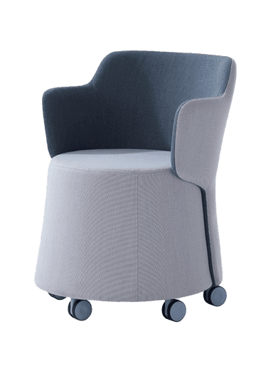 A modern armchair with a rounded, barrel-like base and a slightly flared backrest. The armchair features integrated armrests that flow into the back. It is upholstered in two distinct shades of fabric and stands on four small, dark casters. — 3D model