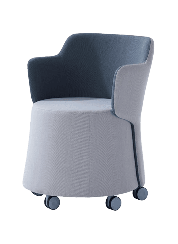 A modern armchair with a rounded, barrel-like base and a slightly flared backrest. The armchair features integrated armrests that flow into the back. It is upholstered in two distinct shades of fabric and stands on four small, dark casters. — 3D model