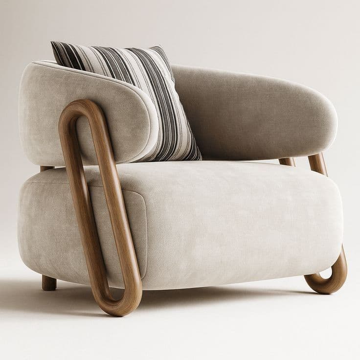 An elegant contemporary armchair featuring a light beige upholstered body with rounded edges and a distinctive bentwood frame that seamlessly forms the armrests and extends to serve as front legs. The chair includes a decorative striped throw pillow. — 3D model