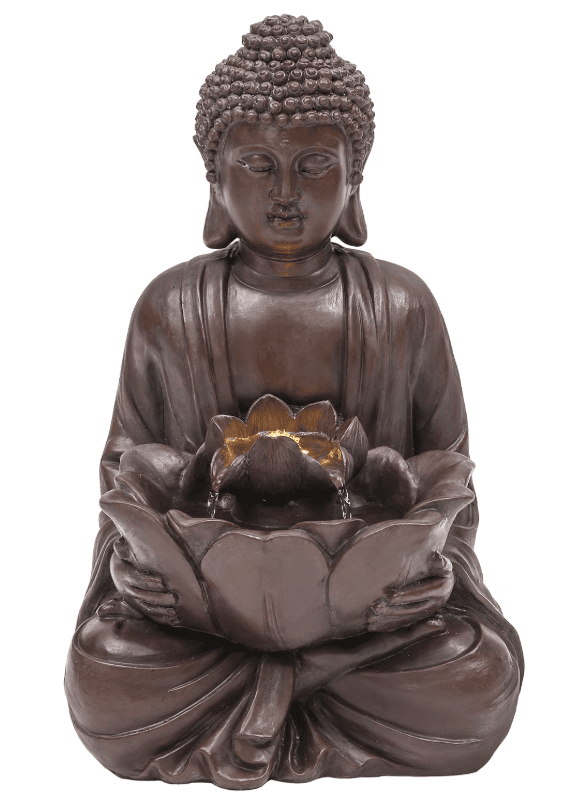 A bronze-finished resin statue depicting a seated Buddha in a meditative pose, holding a large lotus flower that serves as a multi-tiered indoor water fountain with integrated LED lighting. — 3D model