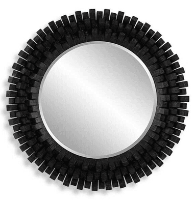 A striking round wall mirror featuring a unique, three-dimensional frame constructed from numerous short, rectangular wooden blocks. These blocks are arranged radially, projecting outwards, creating a textured, spiky, or sunburst-like effect. The wood is finished in a matte black color, providing a modern and sculptural aesthetic to the reflective surface. — 3D model