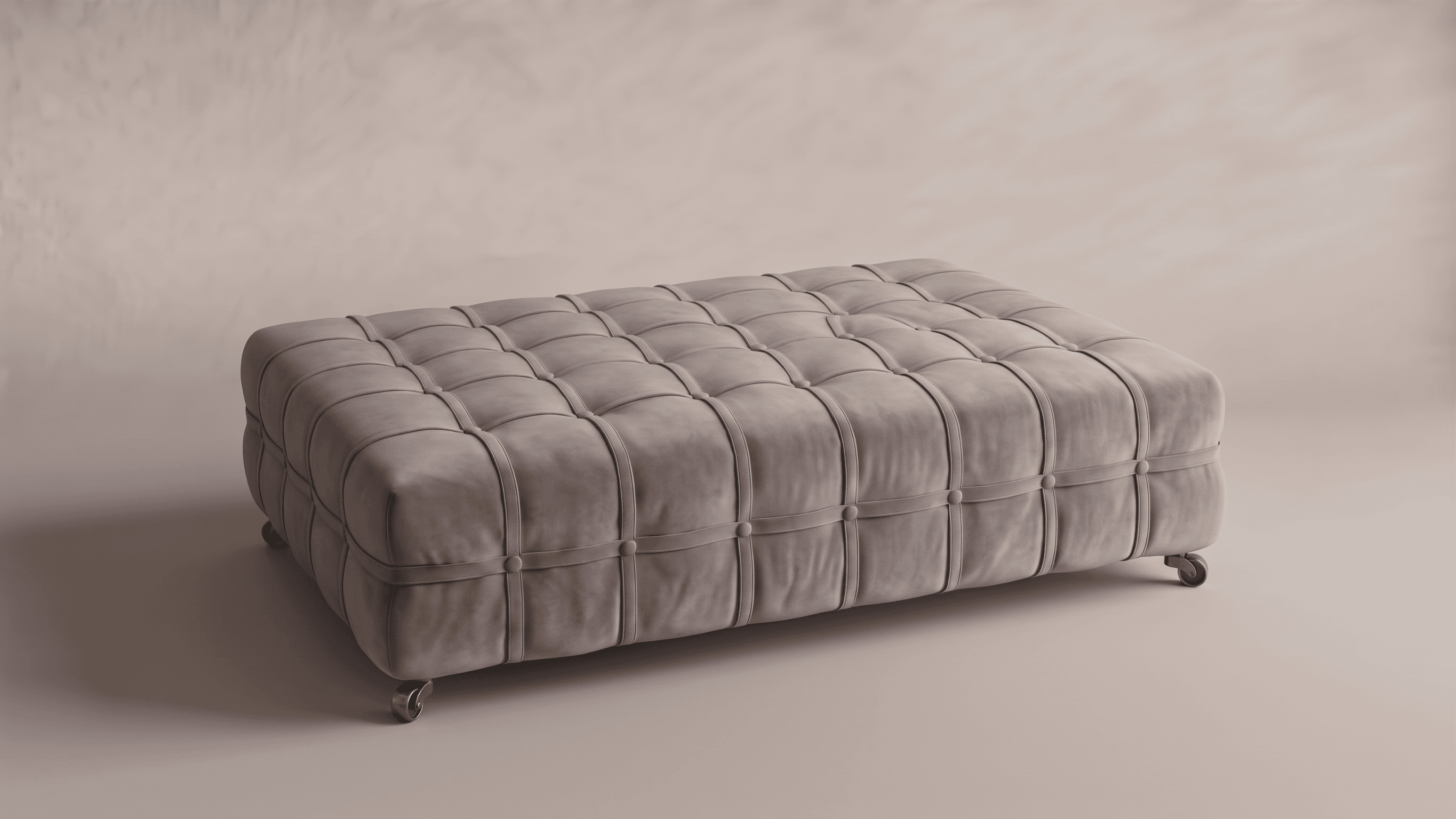A large, rectangular upholstered ottoman featuring deep tufting and decorative fabric straps on its top and sides. It is supported by brass-toned casters. — 3D model