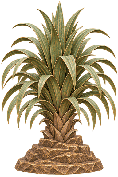 A highly detailed and stylized sculpture depicting an agave-like plant, rendered in what appears to be patinated bronze or a similar metal alloy. The central leaves are arranged in a dense, upright cluster, fanning outwards and downwards, colored with a green verdigris effect that highlights their veins. The lower part transitions into a golden-bronze base with a distinct stepped, textured design, suggesting a carved or hammered finish. The overall form is highly symmetrical and decorative, reminiscent of Art Deco or tropical botanical motifs. — 3D model
