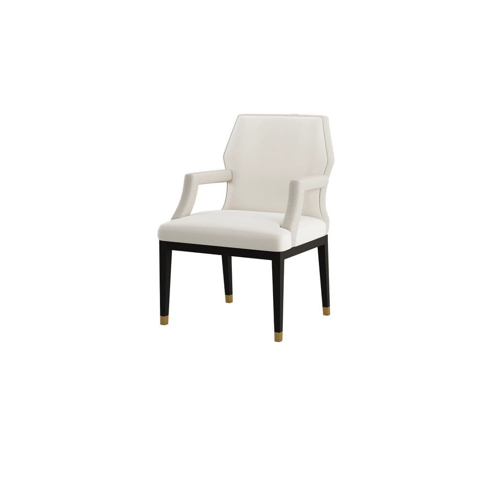 A contemporary armchair with a white upholstered seat, backrest, and armrests. The frame has dark legs with gold-colored accents at the base. The armrests exhibit a textured fabric. — 3D model
