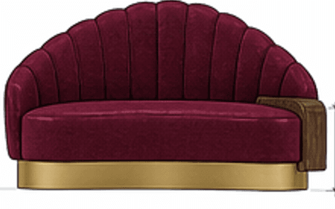A low-profile sofa with a curved, fan-shaped backrest featuring vertical channel tufting. The upholstery is a deep red velvet. It sits on a wide, circular brass-toned base. A distinctive feature is the armrest on the right side, which appears to be a curved wooden element with a rich grain, contrasting with the upholstered body. — 3D model