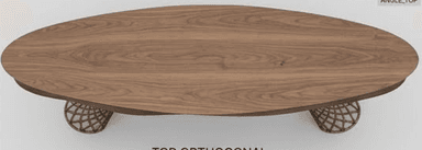 A striking console table featuring a dark wood tabletop with a wavy, perforated apron, supported by two intricate, sculptural bases made from a bronze-toned metal. — 3D model