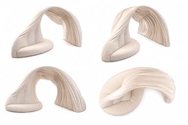 A uniquely designed sofa with a curved, organic form. It features a plush, upholstered surface that transitions into an arched canopy or tunnel-like structure. The fabric is gathered and pleated within the arched section, creating a dramatic visual effect. The base appears to be a continuation of the upholstered form, suggesting a seamless design. — 3D model