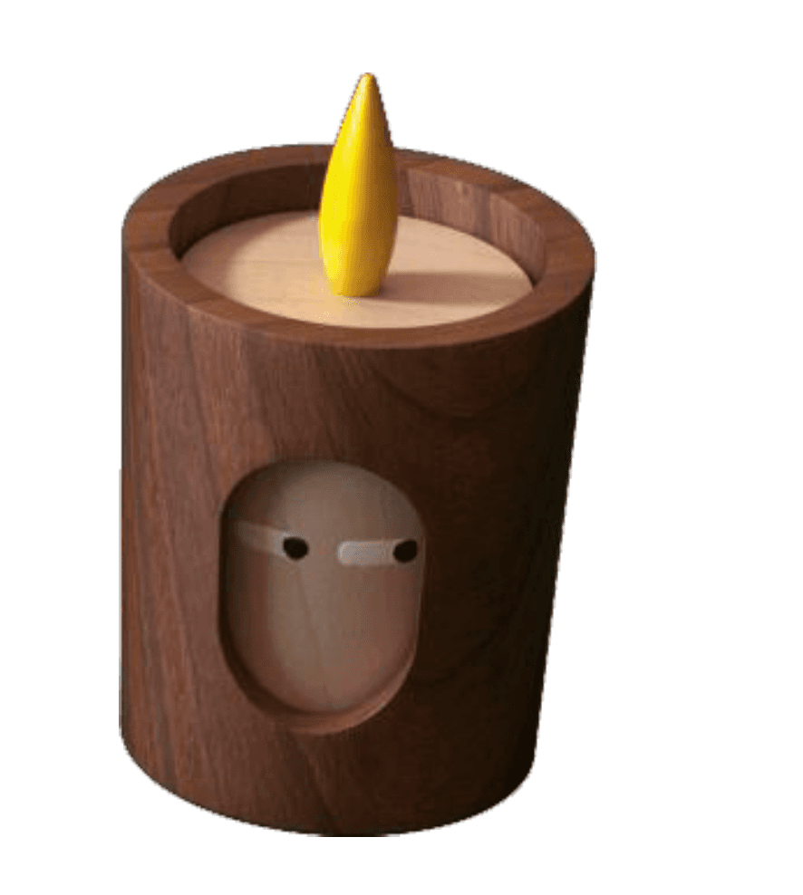 A modern, minimalist decorative lamp designed to resemble a candle, featuring a cylindrical dark walnut wood body. An oval cutout on the front reveals an internal light-colored wooden element shaped like a stylized face with simple black eyes. A yellow, flame-like LED light protrudes from the top surface. — 3D model