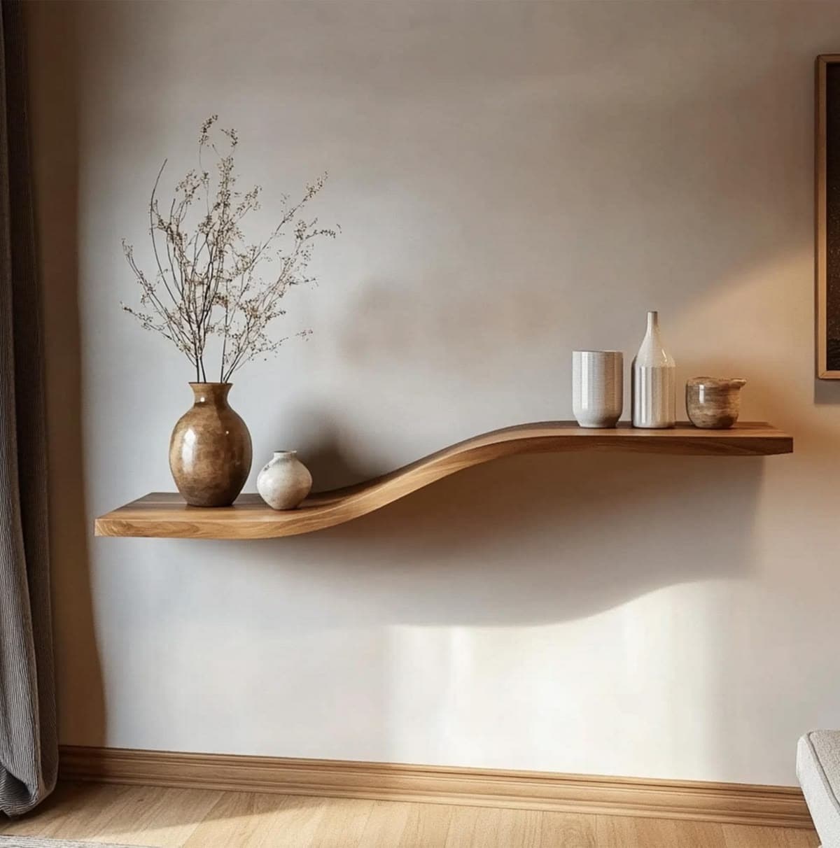 A single, light brown wooden shelf with a distinctive wavy, S-curve profile and visible natural wood grain, designed for wall mounting or integration into a larger unit. — 3D model