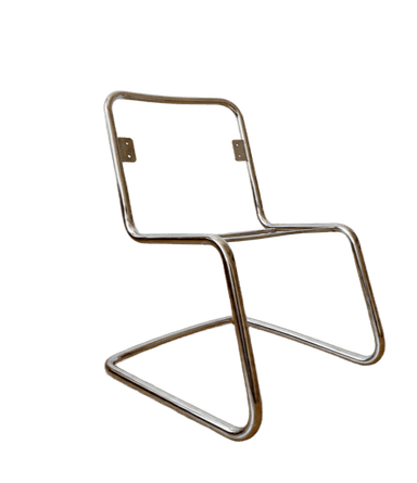 A polished chrome-plated tubular steel frame designed for a cantilever chair. It features a continuous, bent metal structure forming the base, seat support, and backrest support, with small mounting plates visible for attaching the seat and backrest components. — 3D model