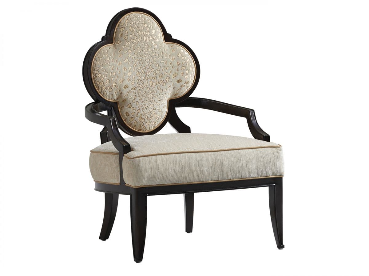 An elegant accent armchair featuring a dark-finished wooden frame and a distinctive quatrefoil-shaped backrest. The back is upholstered in a light fabric with an intricate, subtle pattern, while the seat cushion is covered in a coordinating solid light-textured fabric, both trimmed with light piping. The chair includes gently curved arms and straight, tapered legs. — 3D model