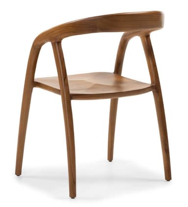 A meticulously crafted solid wood armchair featuring a flowing, organic design. The backrest and armrests form a continuous, gently curved line, and the seat is a sculpted, slightly scooped wooden panel. The chair is supported by four slender, round, slightly splayed legs. — 3D model