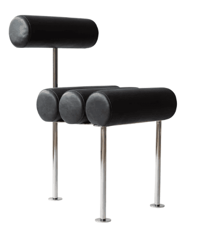 A postmodern chair featuring cylindrical bolster cushions for the seat and backrest, supported by a sleek, polished tubular metal frame. The upholstery is black, creating a striking contrast with the metallic frame. — 3D model