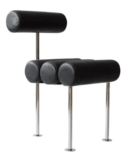 A postmodern chair featuring cylindrical bolster cushions for the seat and backrest, supported by a sleek, polished tubular metal frame. The upholstery is black, creating a striking contrast with the metallic frame. — 3D model