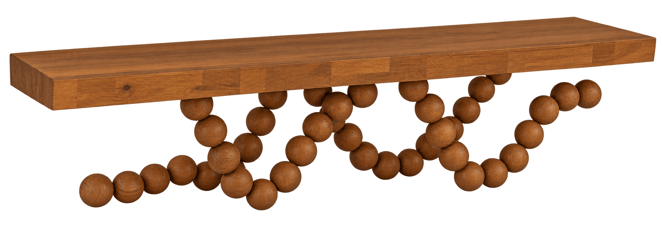 A wooden shelf featuring a rectangular top plank supported by an intricate, wave-like structure composed of numerous interconnected wooden spheres. — 3D model
