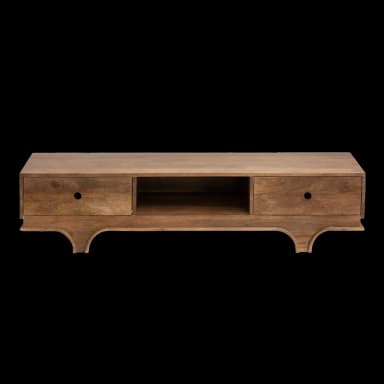 A long, low wooden TV stand with two drawers and an open shelf in the center. The stand features a natural wood finish and has a minimalist design with curved legs. — 3D model