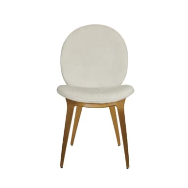 A contemporary accent chair featuring a rounded, upholstered back and seat in cream bouclé fabric, supported by splayed gold-tone metal legs. — 3D model