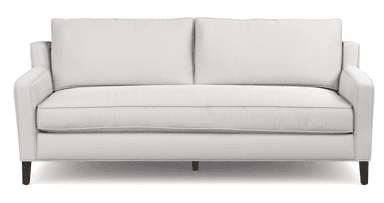 A contemporary sofa upholstered in a light gray fabric, featuring clean lines, track arms, and tapered dark wood legs. The sofa has a minimalist aesthetic with loose back cushions. — 3D model