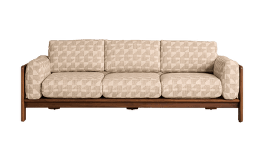 A single-seater armchair with a wooden frame and upholstered seating and backrest. The upholstery features a geometric pattern in neutral tones. The wooden frame has clean lines and a smooth finish. — 3D model
