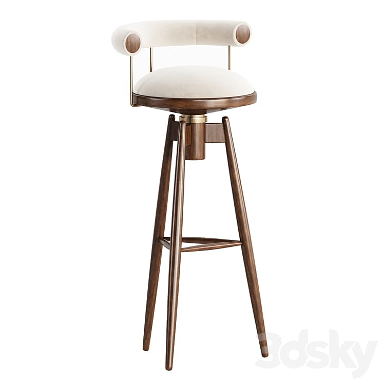 An elegant bar stool featuring a circular upholstered seat and a curved backrest, supported by a dark stained wooden frame with tapered legs. The backrest is accented with brass-colored metal supports, and the stool includes a swivel mechanism for the seat. — 3D model