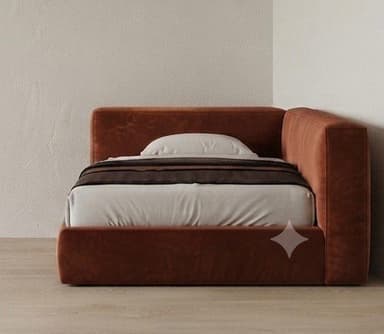 A modern upholstered single bed featuring an integrated L-shaped headboard and side rail, covered in a rich brown material, possibly faux leather or suede. The bed is made up with white sheets, a white pillow, and a layered brown throw. A subtle decorative diamond pattern is visible on the lower side panel. — 3D model