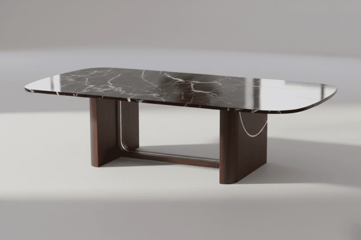 A modern dining table featuring a rounded rectangular black marble top with white veining, supported by a dark-stained wood pedestal base accented with curved brass inlays. — 3D model